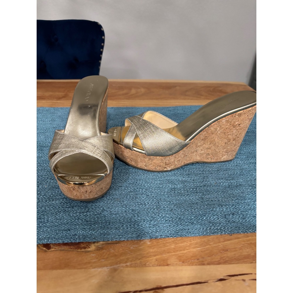 Jimmy Choo Phyllis Gold Wedge Espadrille Sandals 39.5 EU 9 Italy